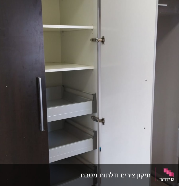 ארון מטבח פתוח עם מדפים ומגירות נשלפות